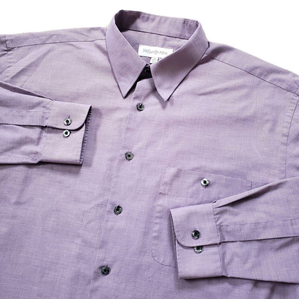 Vintage Yves Saint Laurent Sz Large 16 34-35 Mens Purple Button Down Long Sleeve